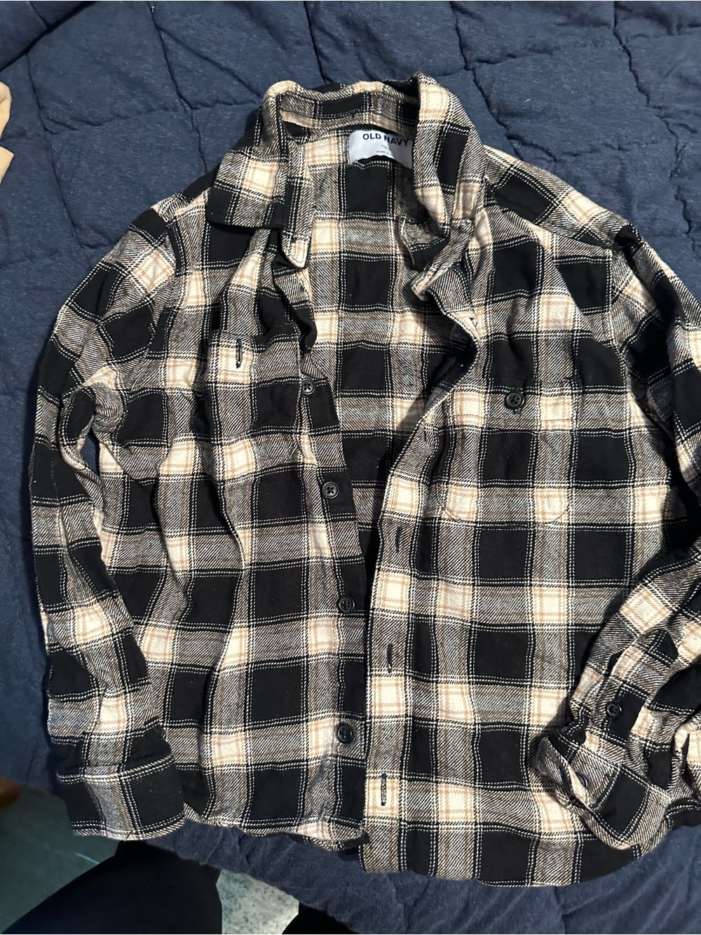 Old Navy Boys Black & Cream Plaid Flannel Shirt